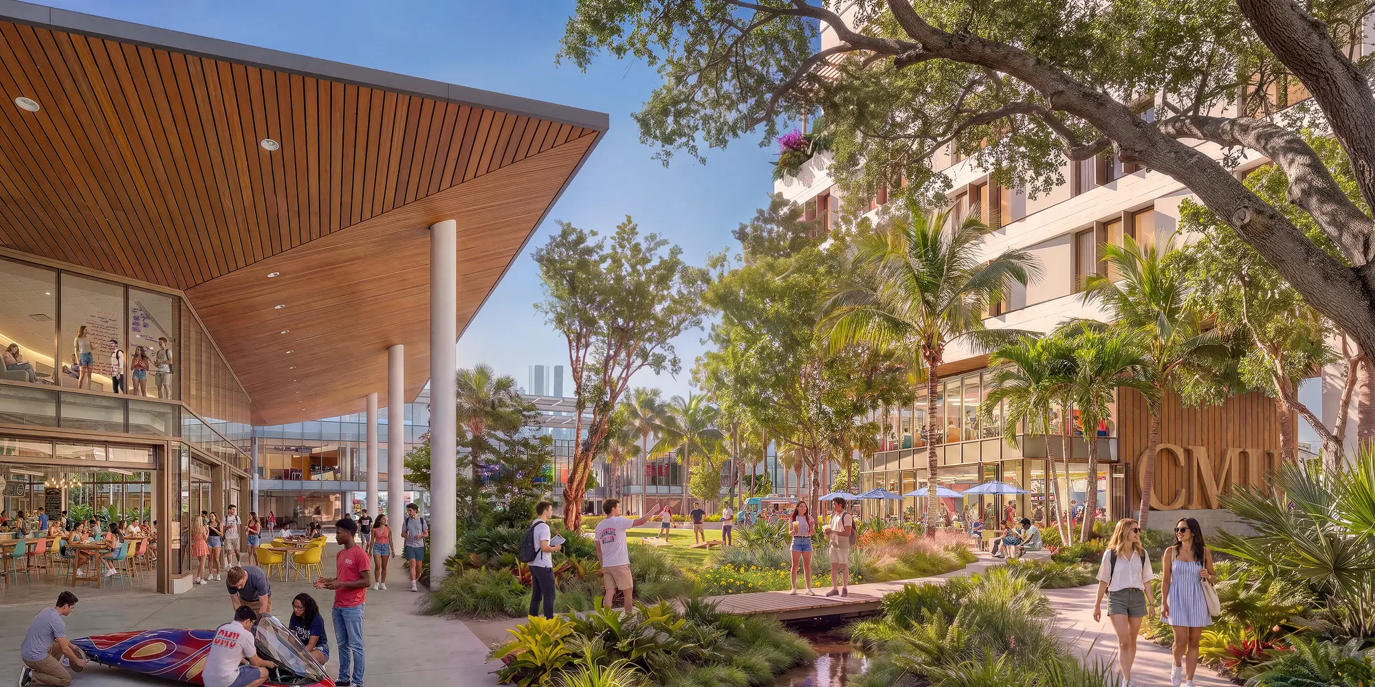 Carnegie Mellon conceptual rendering of a proposed pedestrian campus with palm trees and academic buildings