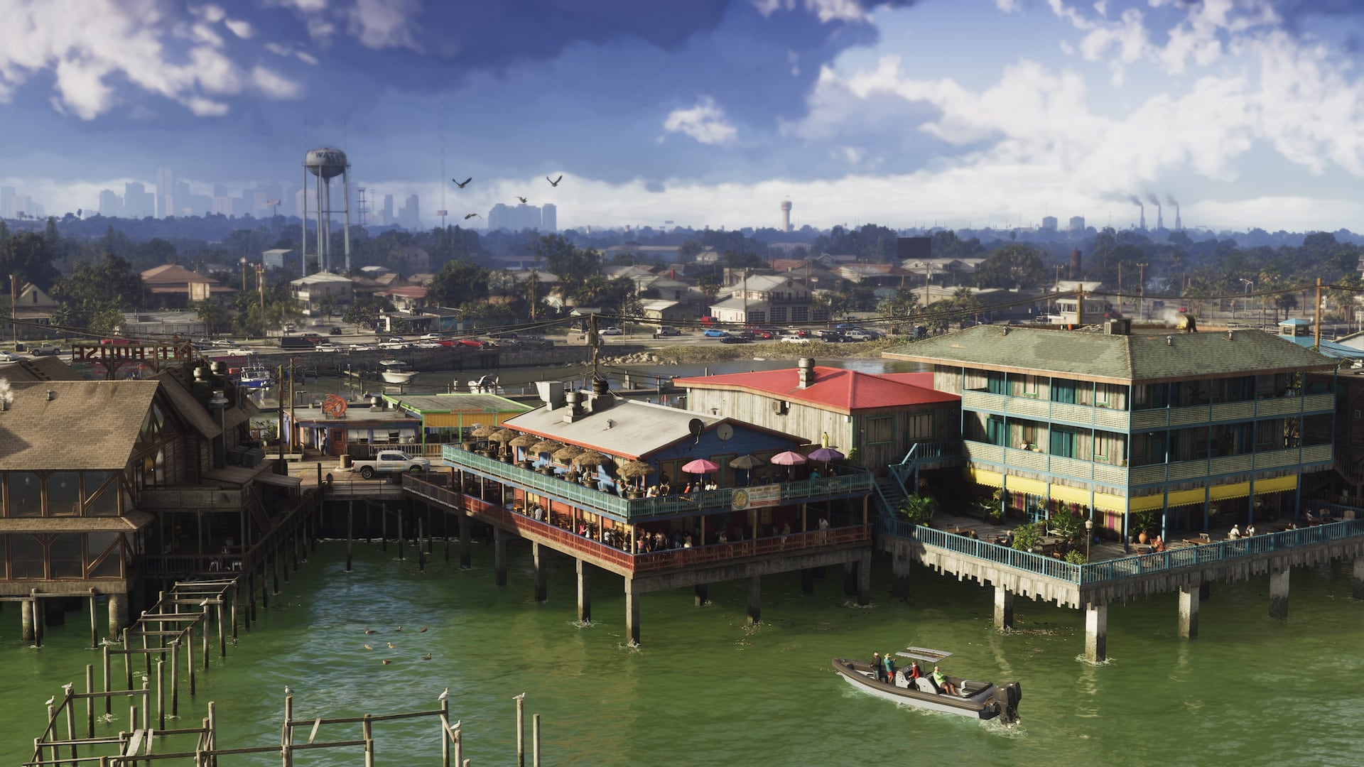 A waterfront settlement and boats in the fictional Grassrivers.