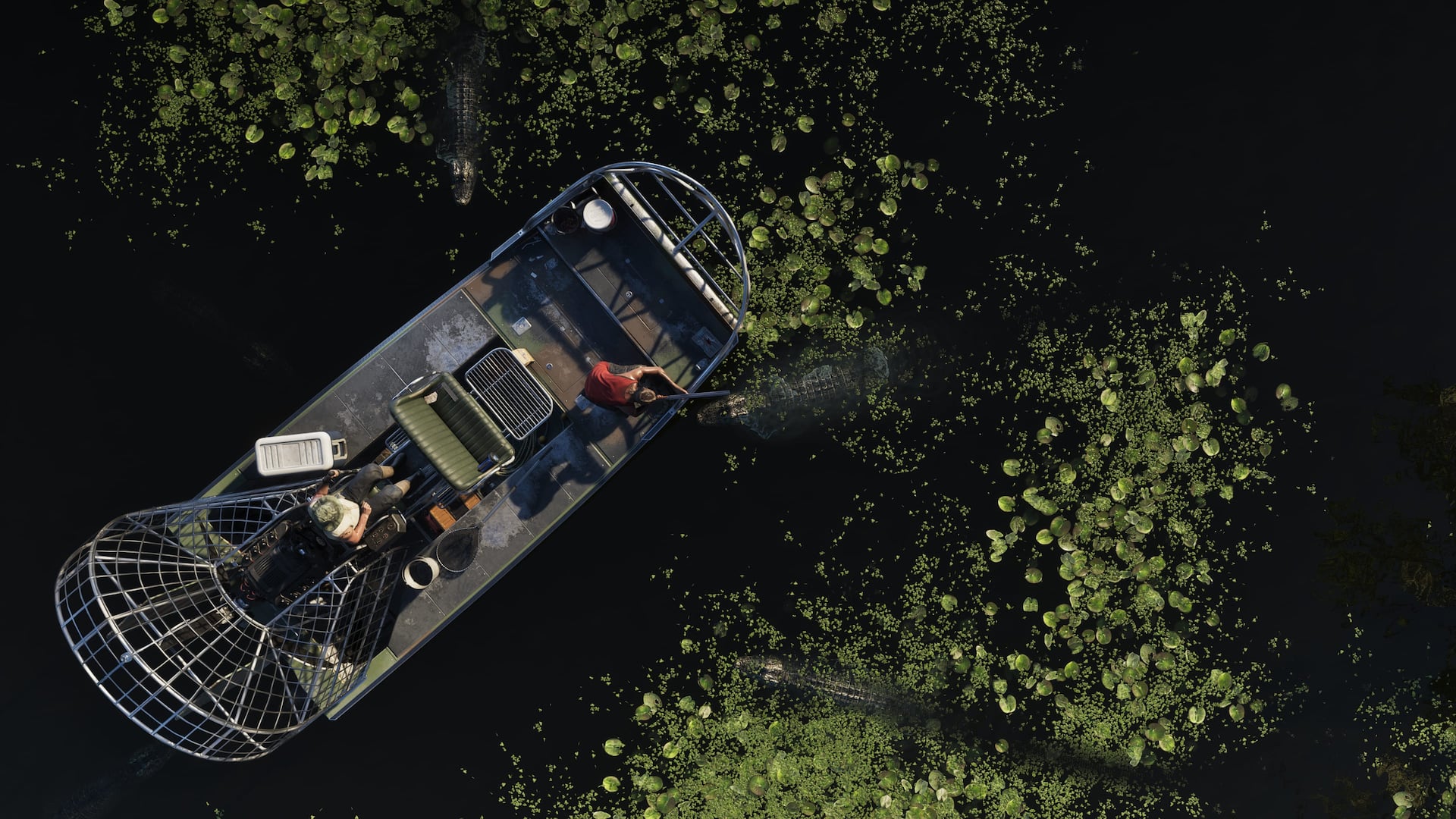 An overhead view of an airboat navigating dark water and wetland vegetation in Grassrivers.