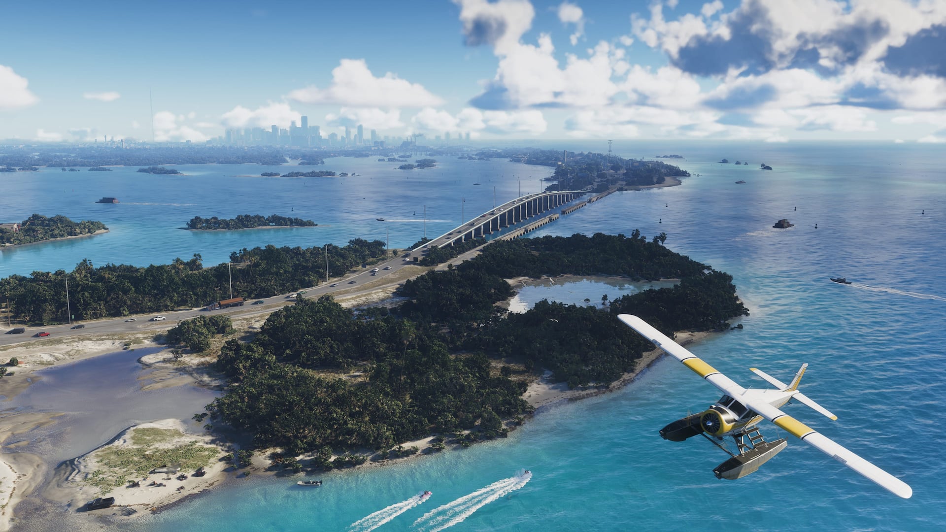 A seaplane above turquoise water, islands and a long bridge in the Leonida Keys.