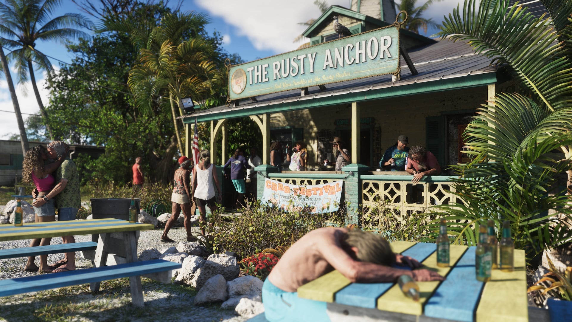 Patrons at the fictional Rusty Anchor open-air bar in the Leonida Keys.