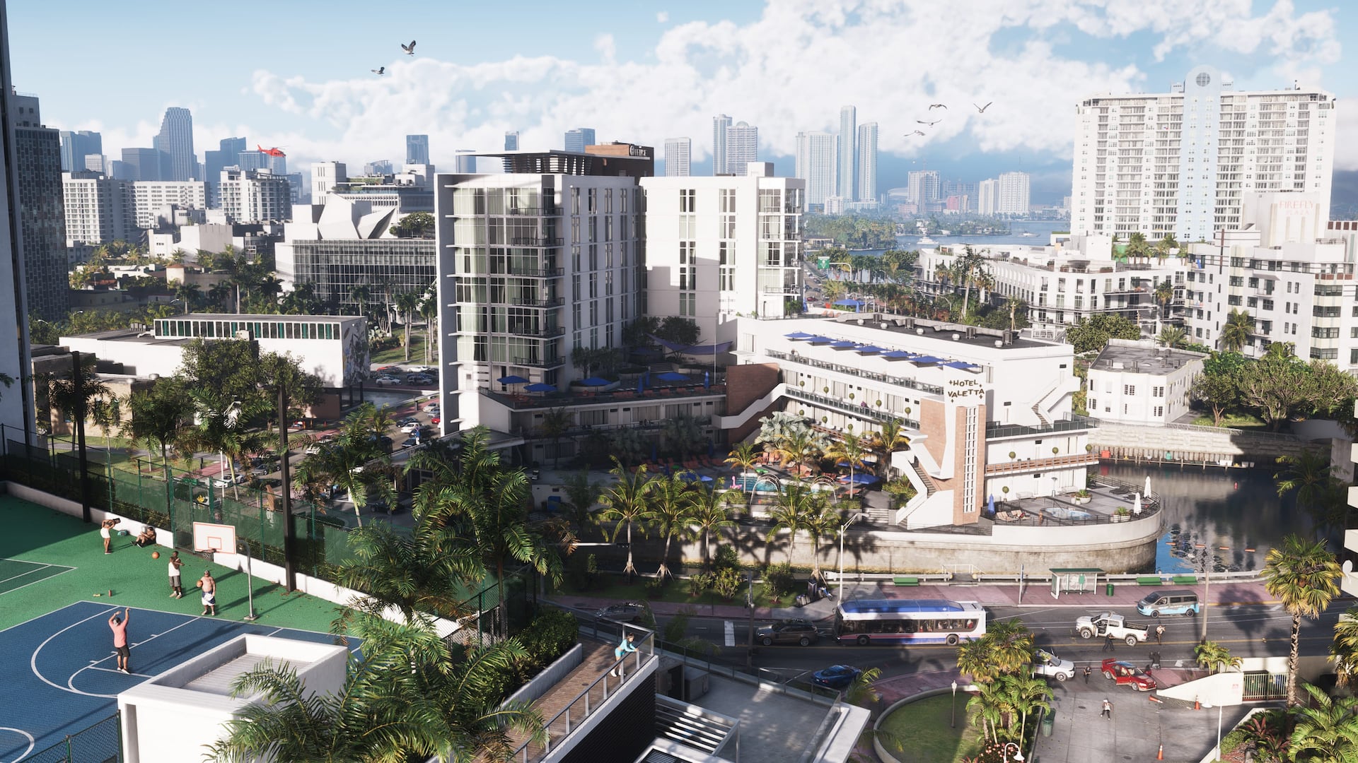 White towers, waterways and a tennis court in Rockstar’s fictional Vice City.
