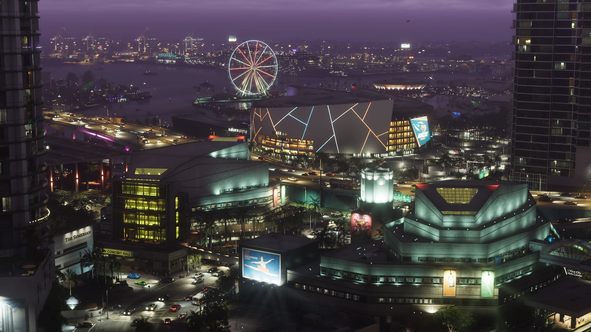 Vice City’s illuminated waterfront, arena and observation wheel at night.